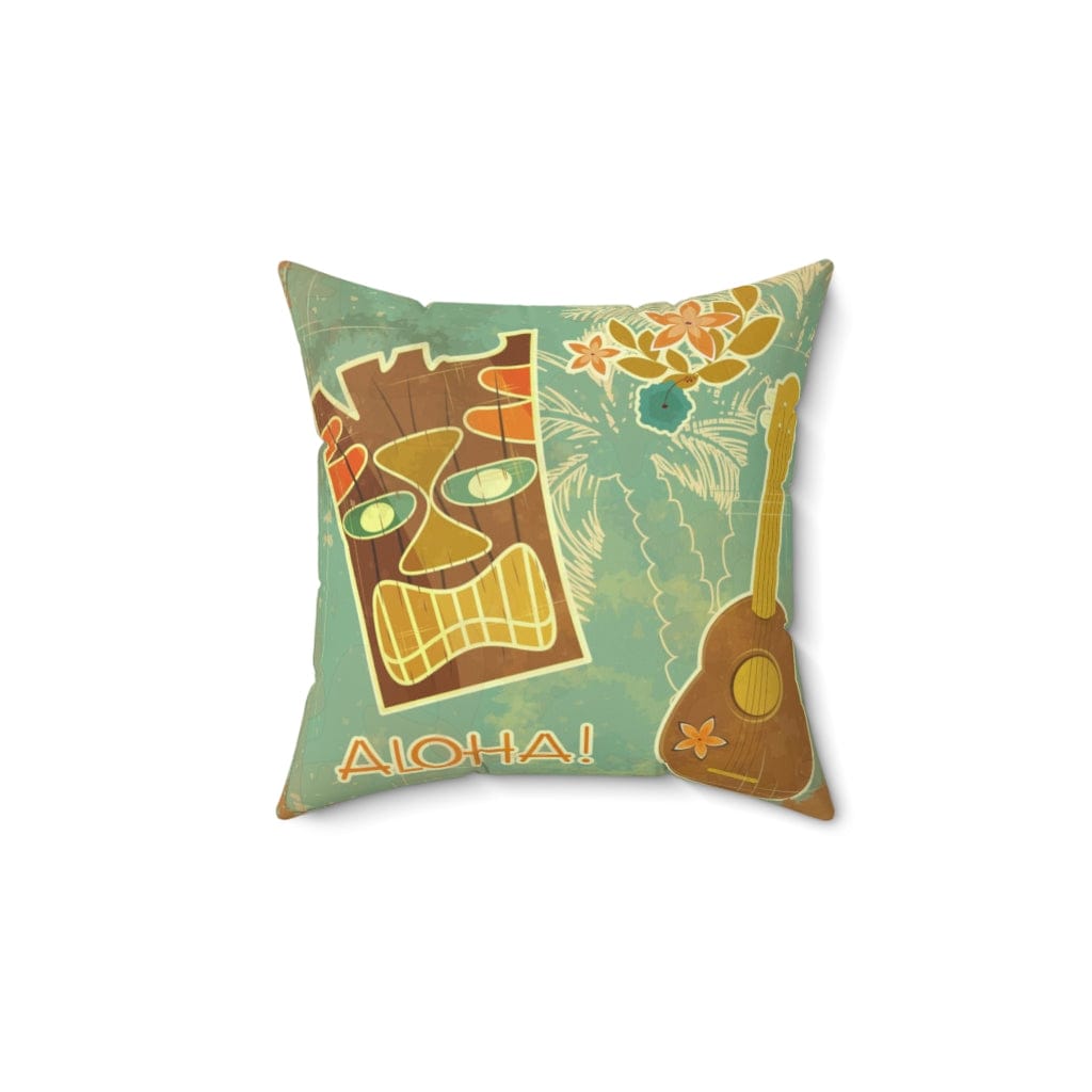 Tiki Aloha, Banjo, Tropical Retro Mint Green, Pink Mid Mod Pillow Cushion And Insert Home Decor 14&quot; × 14&quot;