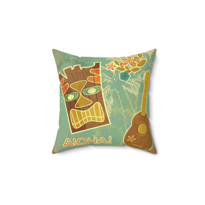Tiki Aloha, Banjo, Tropical Retro Mint Green, Pink Mid Mod Pillow Cushion And Insert Home Decor 14&quot; × 14&quot;