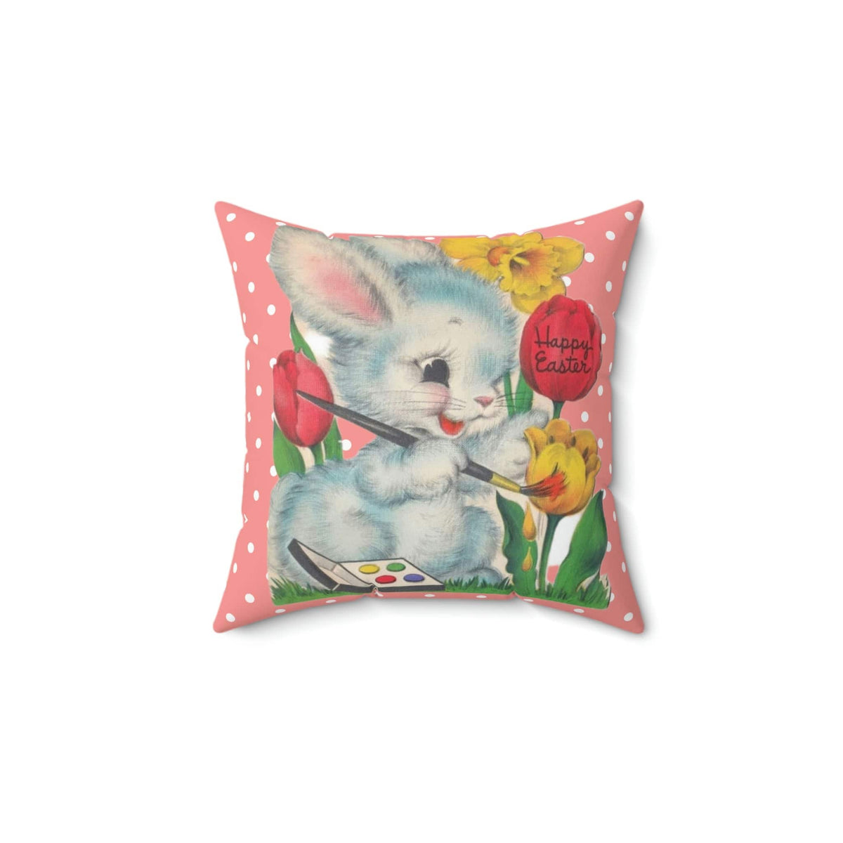 Vintage Easter Card Anthropomorphic Bunny, Happy Easter, Tulips, Kitschy Cute Easter Bunny Artist, Retro Spring Pillow And Insert Home Decor 14" × 14"