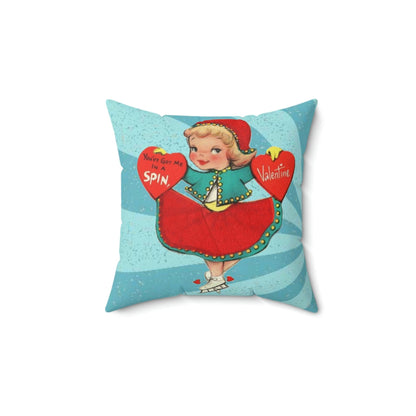 Vintage Valentine Card, Retro Girl On Ice Skates, Kitschy Cute Valentine LOVE Pillow And Insert Home Decor 14&quot; × 14&quot;