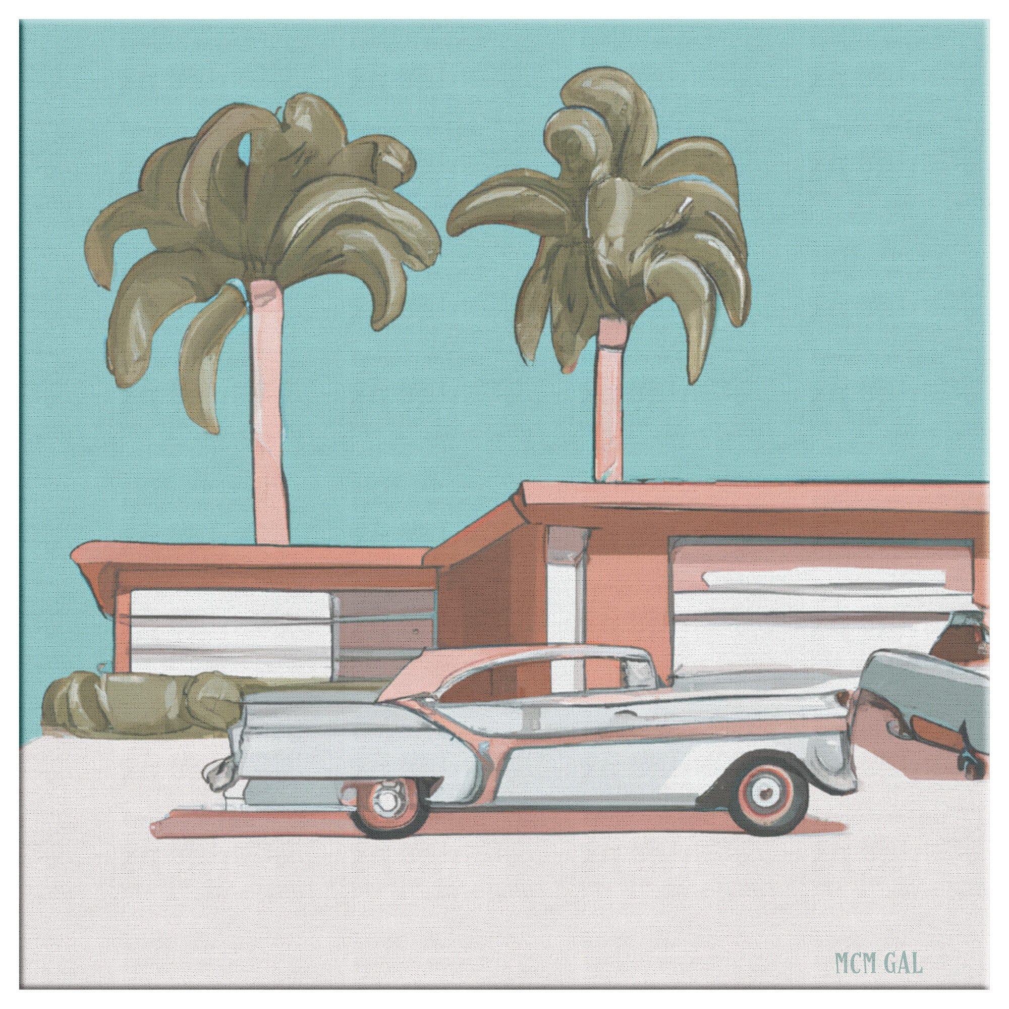 Mid Century Decor, Mod House, Classic Retro Car, Palm Spring California Canvas Wall Art Wall Art 14x14 / 1.25