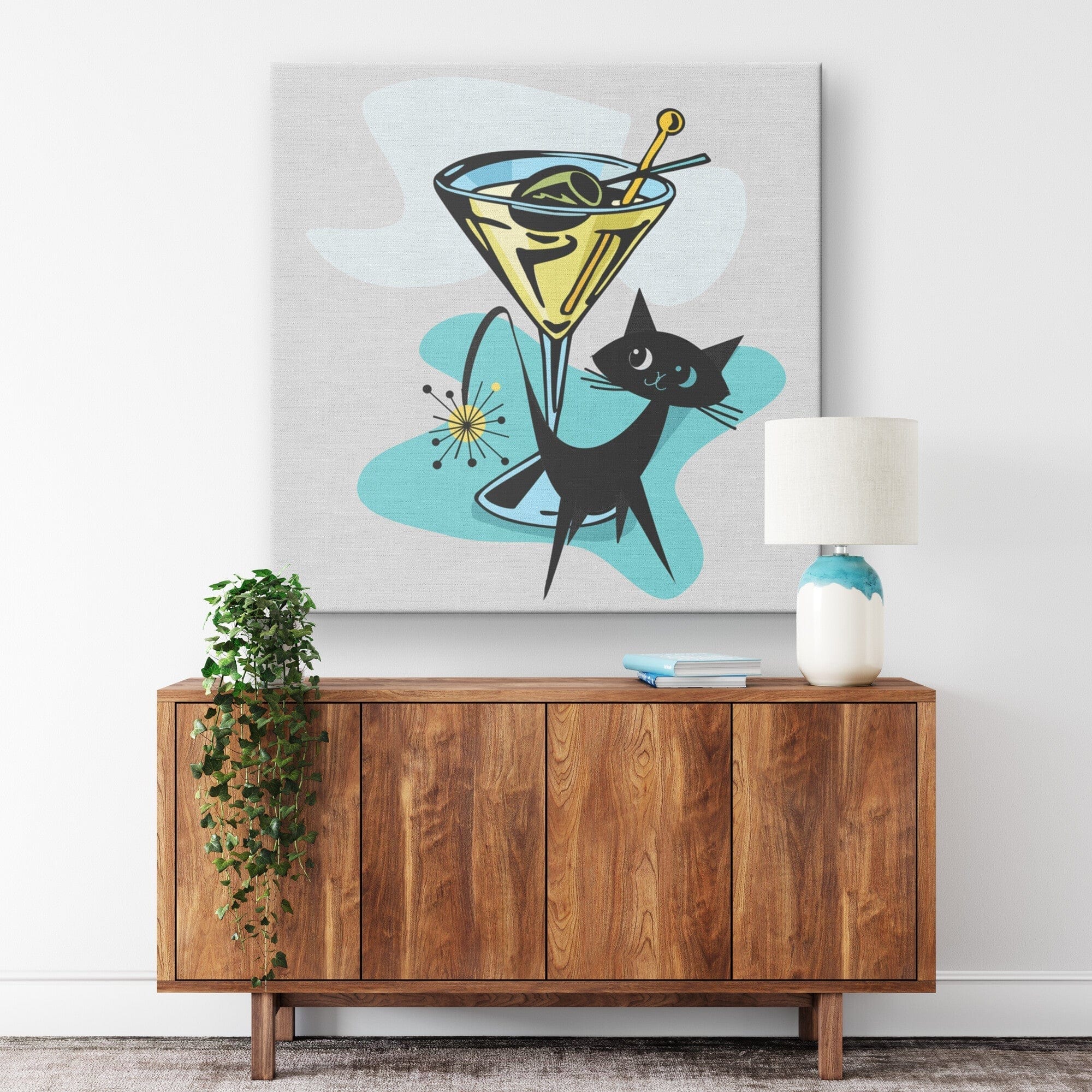 Atomic Cat, Martini Time, Cocktail, Retro Mid Mod Retro Wall Art Wall Art 14x14 / .75