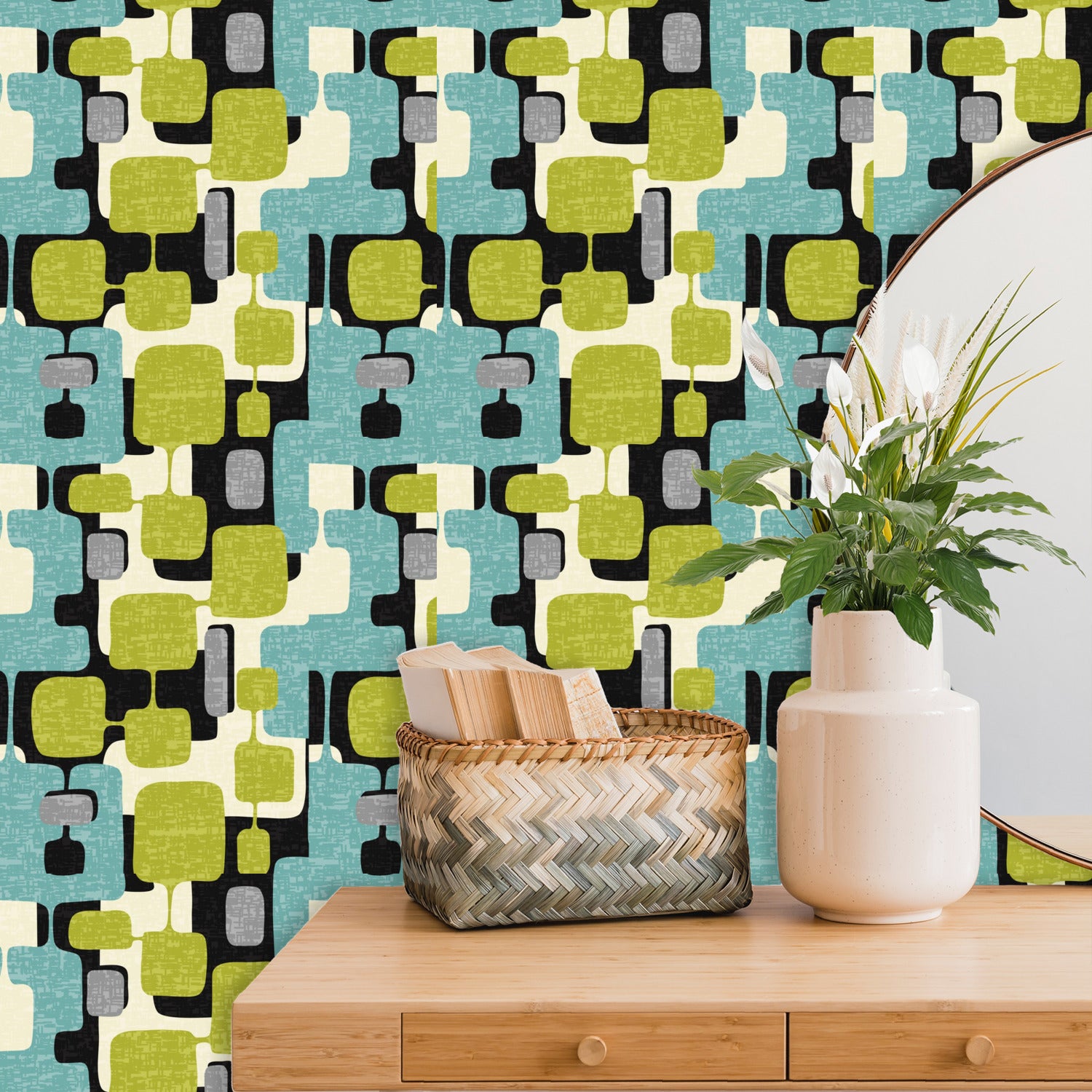 Mid Century Modern Geometric Mod Blocks Peel And Stick Removeable Vintage Style Wallpaper Panels