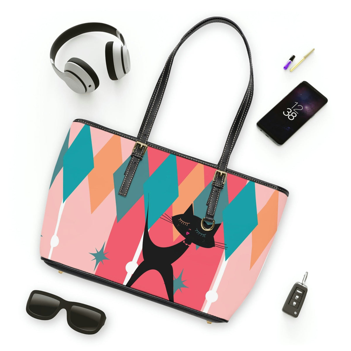 Atomic Cat, Pink, Aqua Blue, White Starburst Retro PU Leather Shoulder Bag Bags 16" x 10" / Black