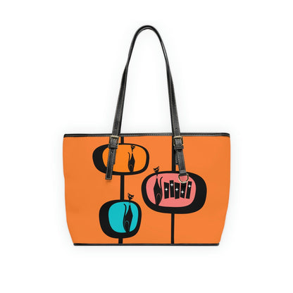 Atomic Cat, Retro Orange, Geometric, Mid Century Modern Style PU Leather Shoulder Bag Bags 16&quot; x 10&quot; / Black