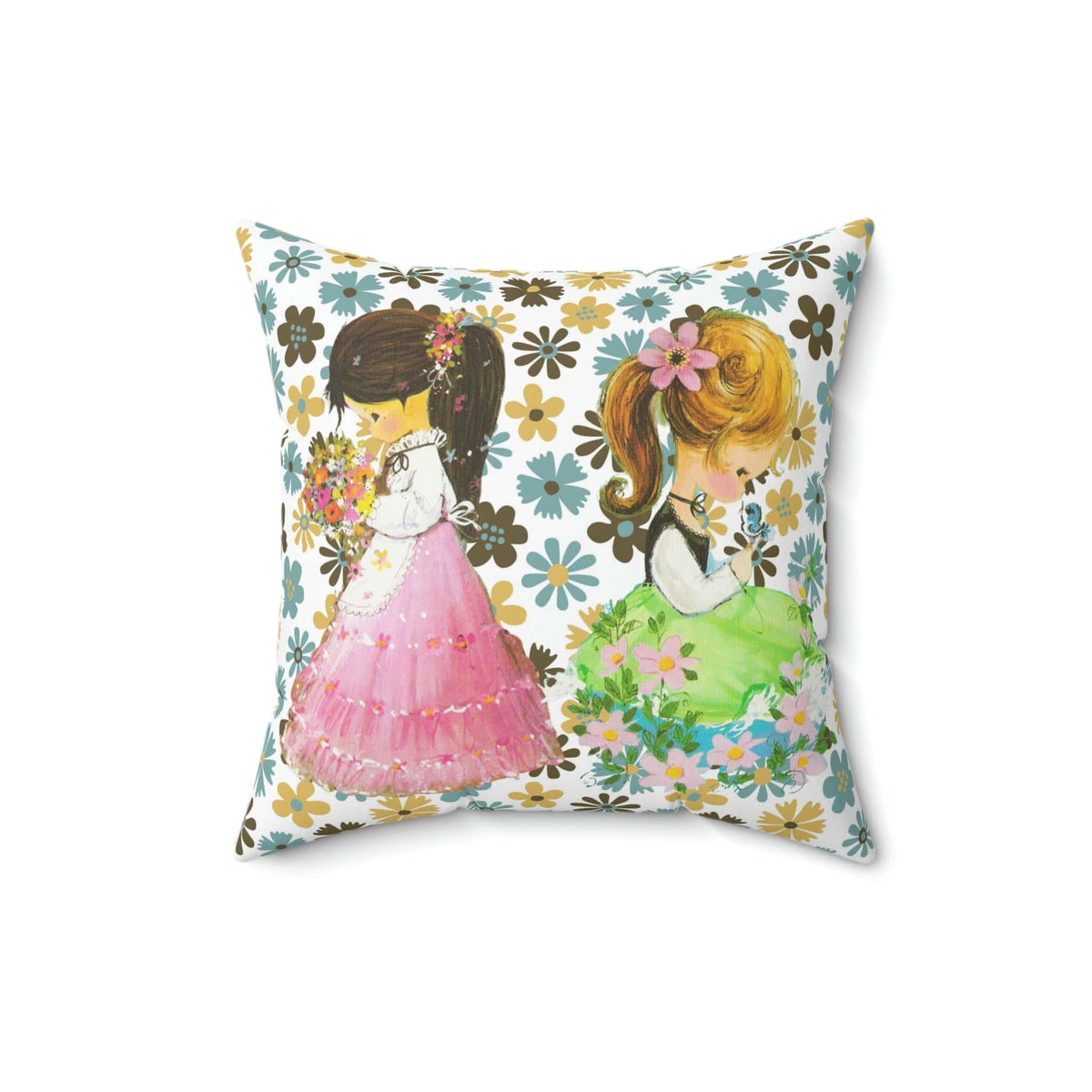 70's Flower Power, Sweet Flower Girls, Retro Mod Daisy Pillow Gift Home Decor 16" × 16"