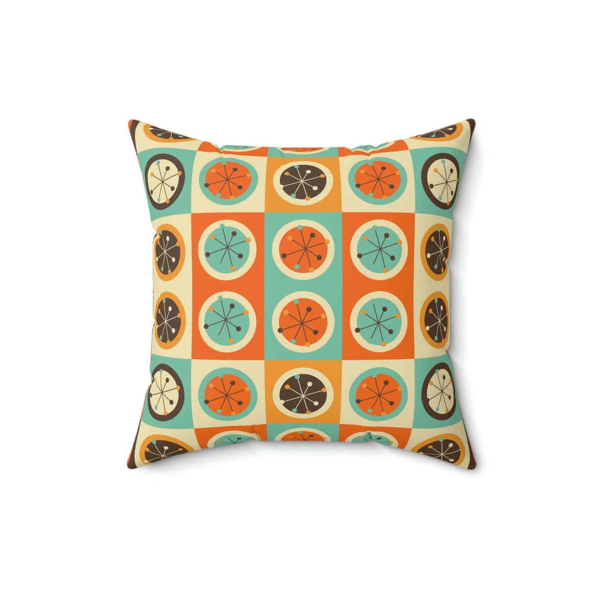70's Retro Curtains, Bold Geometric Circles Atomic Starburst, Mid Century Modern, Aqua Blue, Burnt Orange, Mustard Yellow MCM Pillow Home Decor 16" × 16"