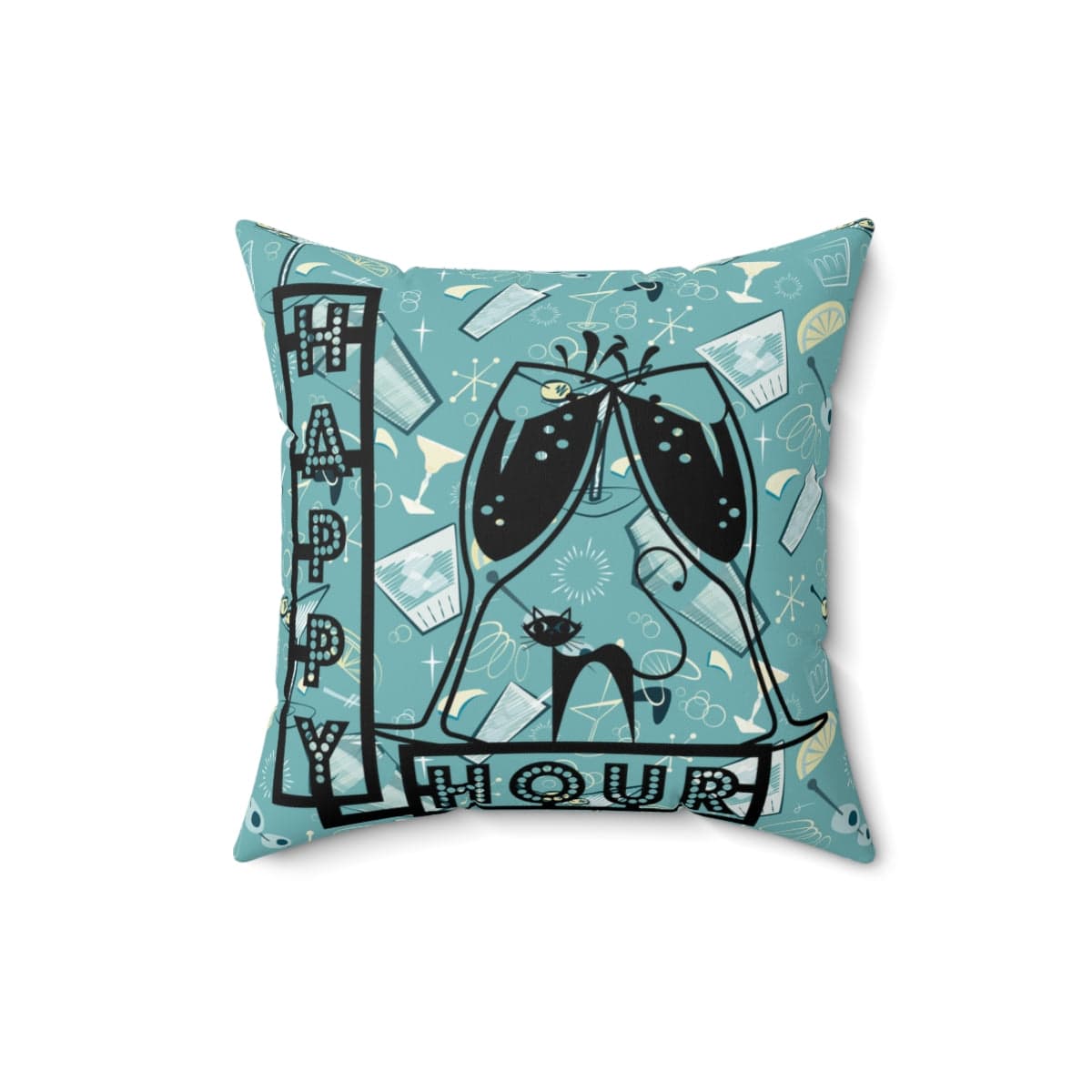 Atomic Cat, Mid Century Modern, Happy Hour, 50's Martini Cocktail, Retro Aqua Blue, Pillow And Insert Home Decor 16" × 16"