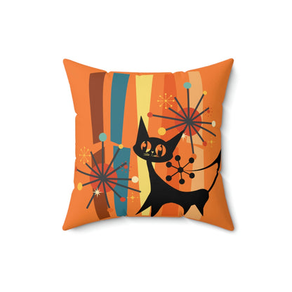 Atomic Cat, Retro Orange, Geometric, Starburst, MCM Black Cat Lover Gift Pillow Cover Home Decor 16&quot; × 16&quot;