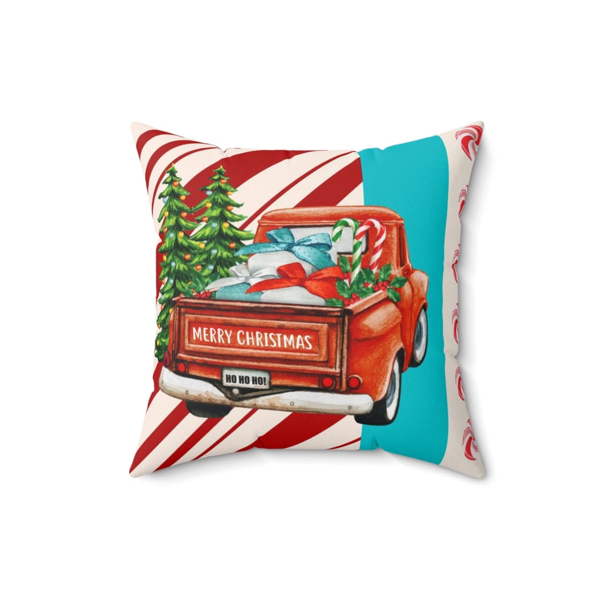 Mid Century Christmas, Old Timey Red Pick Up Truck, Merry Christmas, Candy Cane Stripe, Aqua Blue, Retro Holiday Gift Pillow And Insert Home Decor 16&quot; × 16&quot;