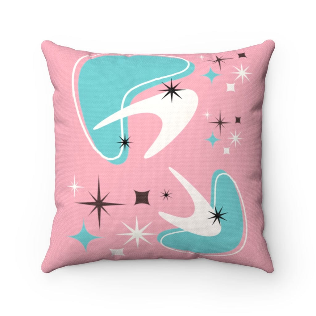 Mid Century Modern Atomic Pink, Boomerang, Aqua Blue, White, Starburst MCM Mid Mod Spun Polyester Square Pillow Home Decor 16&quot; × 16&quot;