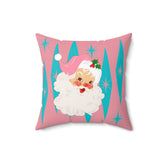 Mid Century Modern Christmas Smiling Vintage Santa, Pink, Aqua Blue Pillow And Insert Home Decor 16" × 16"