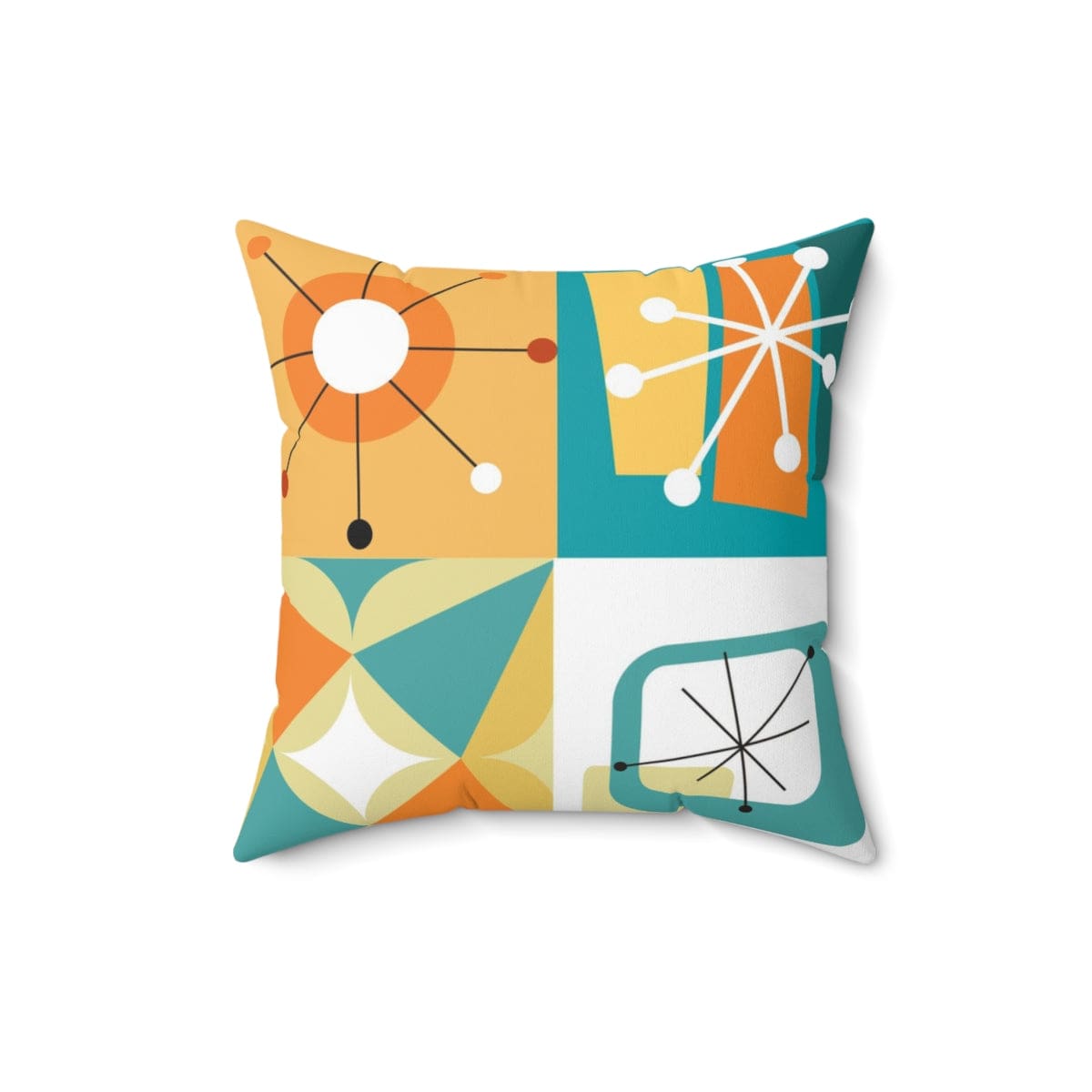 Mid Century Modern Throw Pillow, Geometric, Abstract, Teal Blue, Orange, White, Yellow, Starburst Atomic Retro Pillow And Insert Home Decor 16&quot; × 16&quot;