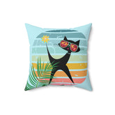 Mod Cat, Palm Spring, Cali, Florida, Tropical, Retro Groovy, Aqua, Pink, Mid Mod Pillow Cushion And Insert Home Decor 16" × 16"