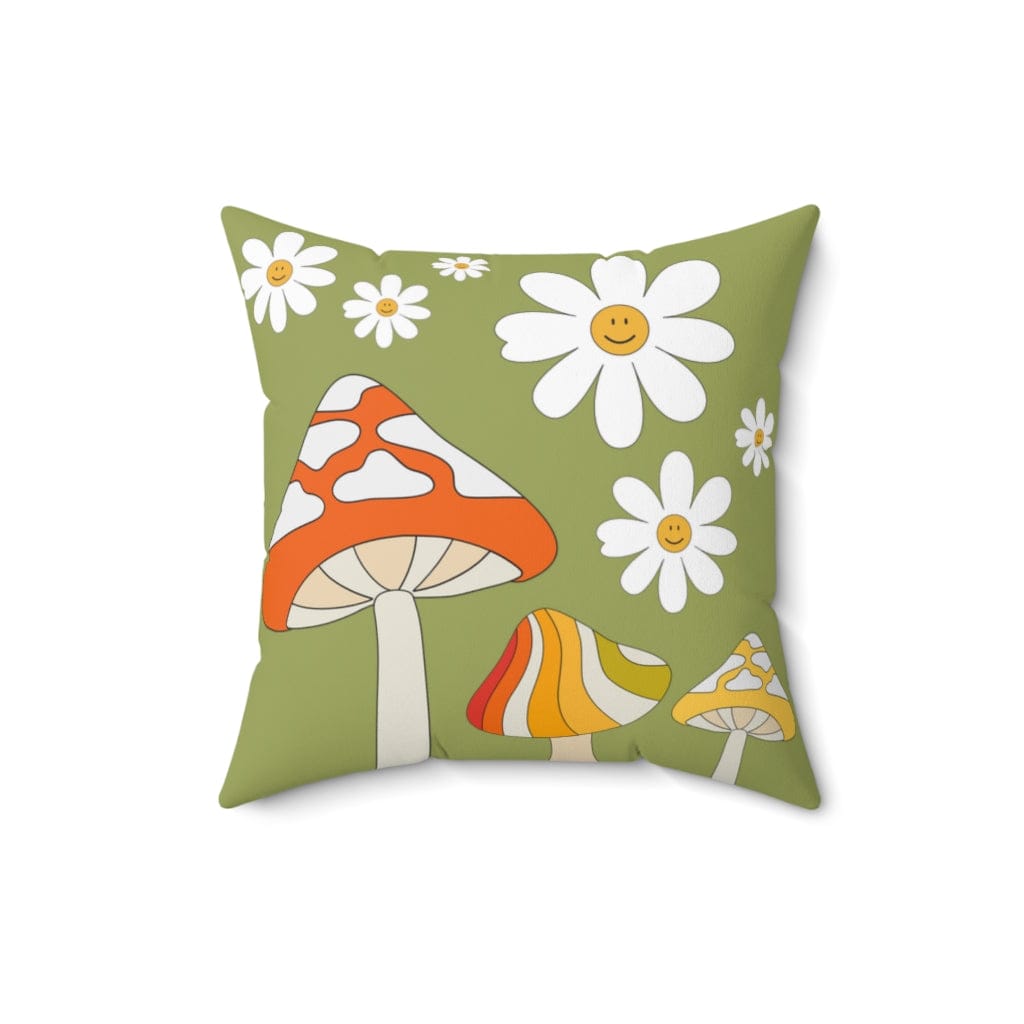 Mushroom Fairy Core, Mod Daisy, Retro Green, White, Orange, Groovy 70's Mid Mod Flower Power, Spun Polyester Square Pillow Home Decor 16" × 16"