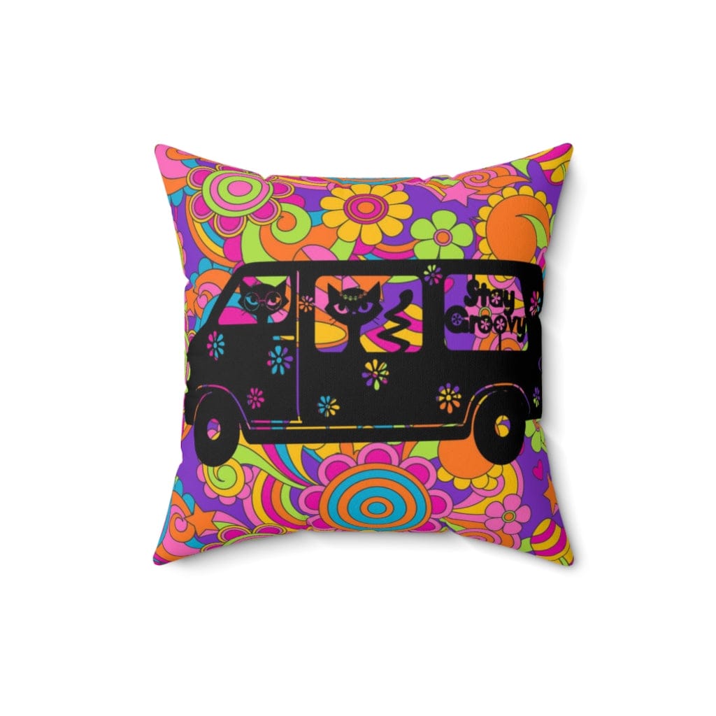 Stay Groovy, Hippie 70's Van, Atomic Cats, Magic Mushroom, Purple, Pink, Blue, Hipster Dorm Throw Pillows Home Decor 16" × 16"