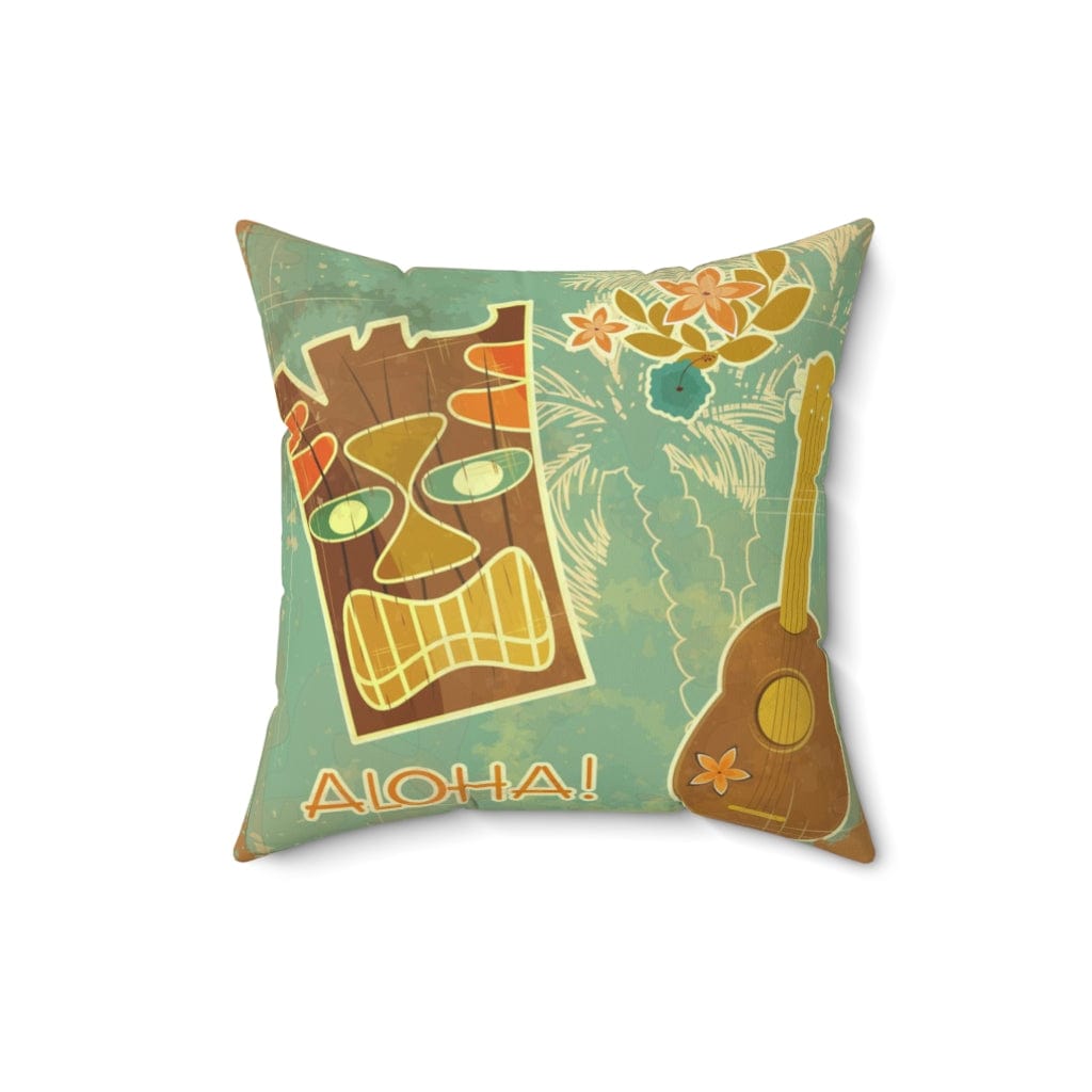 Tiki Aloha, Banjo, Tropical Retro Mint Green, Pink Mid Mod Pillow Cushion And Insert Home Decor 16&quot; × 16&quot;