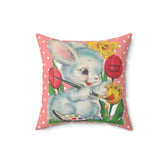 Vintage Easter Card Anthropomorphic Bunny, Happy Easter, Tulips, Kitschy Cute Easter Bunny Artist, Retro Spring Pillow And Insert Home Decor 16" × 16"