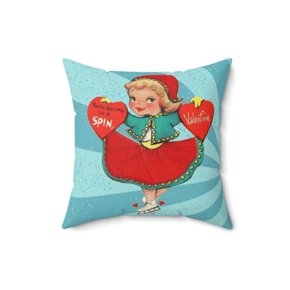Vintage Valentine Card, Retro Girl On Ice Skates, Kitschy Cute Valentine LOVE Pillow And Insert Home Decor 16&quot; × 16&quot;