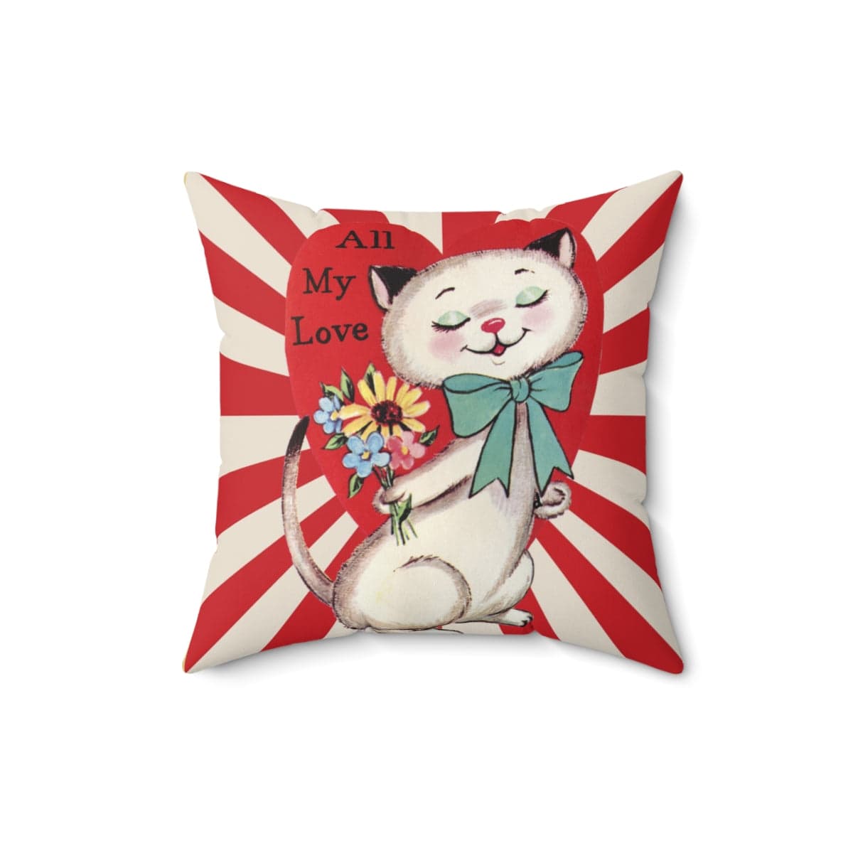 Vintage Valentine Card, Retro White Cat, All My Love Pillow Case ONLY Home Decor 16&quot; × 16&quot;
