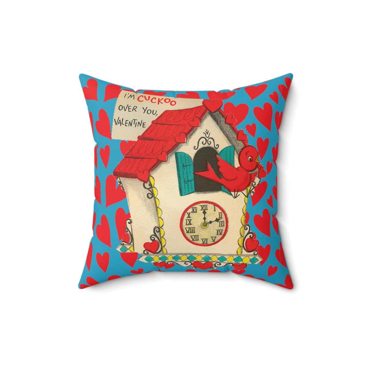 Vintage Valentine, Cuckoo Clock, Birdie, Kitschy Retro Valentine Mod Pillow And Insert Home Decor 16" × 16"