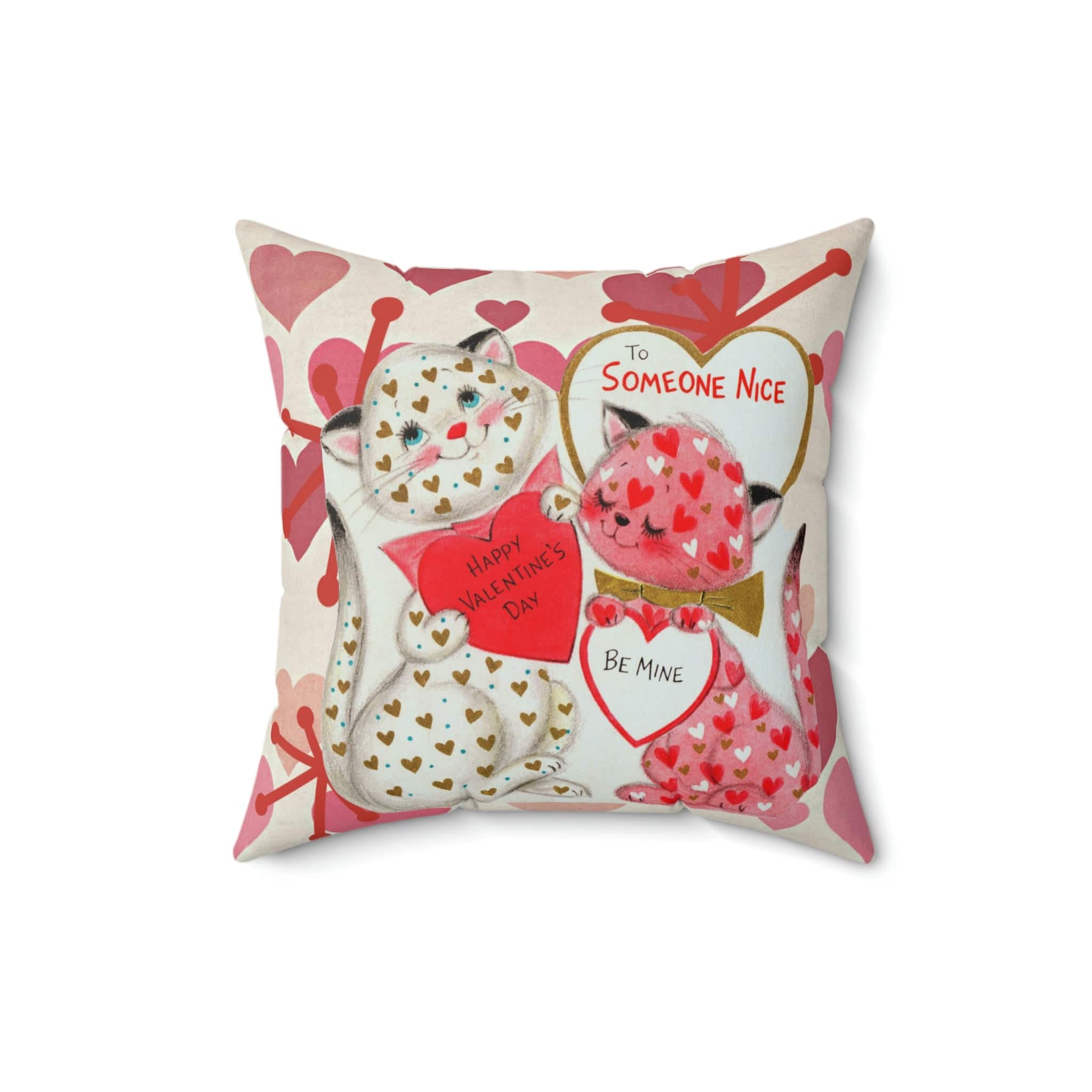 Vintage Valentine,  KIttie Cat, Love, Be My Valentine, Hearts, Aged, Kitschy Cute, Valentine Pillow And Insert Home Decor 16&quot; × 16&quot;
