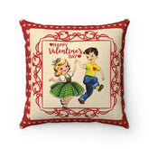 Vintage Valentine Retro Red Hearts Boy, Girl Love Valentine Heart Pillow Home Decor 16" × 16"