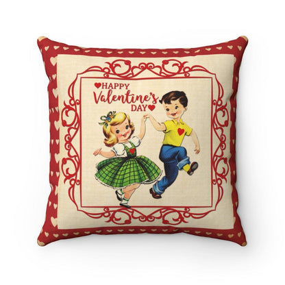 Vintage Valentine Retro Red Hearts Boy, Girl Love Valentine Heart Pillow Home Decor 16&quot; × 16&quot;