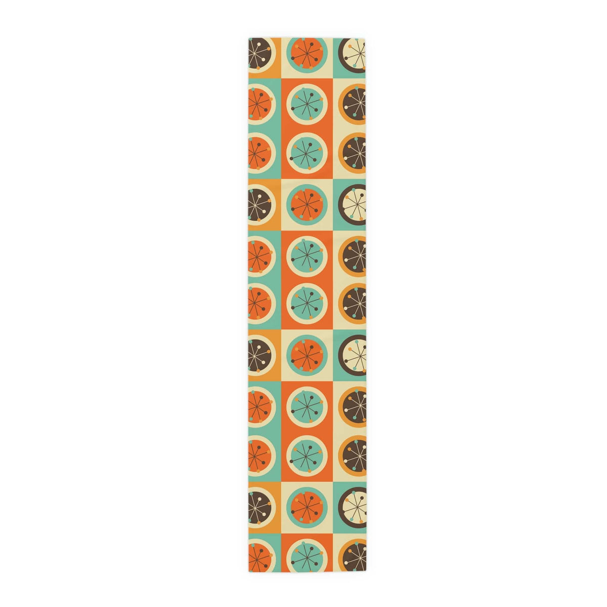 Mid Century Modern Geometric, Starburst, Orange, Brown, Aqua, Retro Table Runner Home Decor 16" × 72" / Polyester