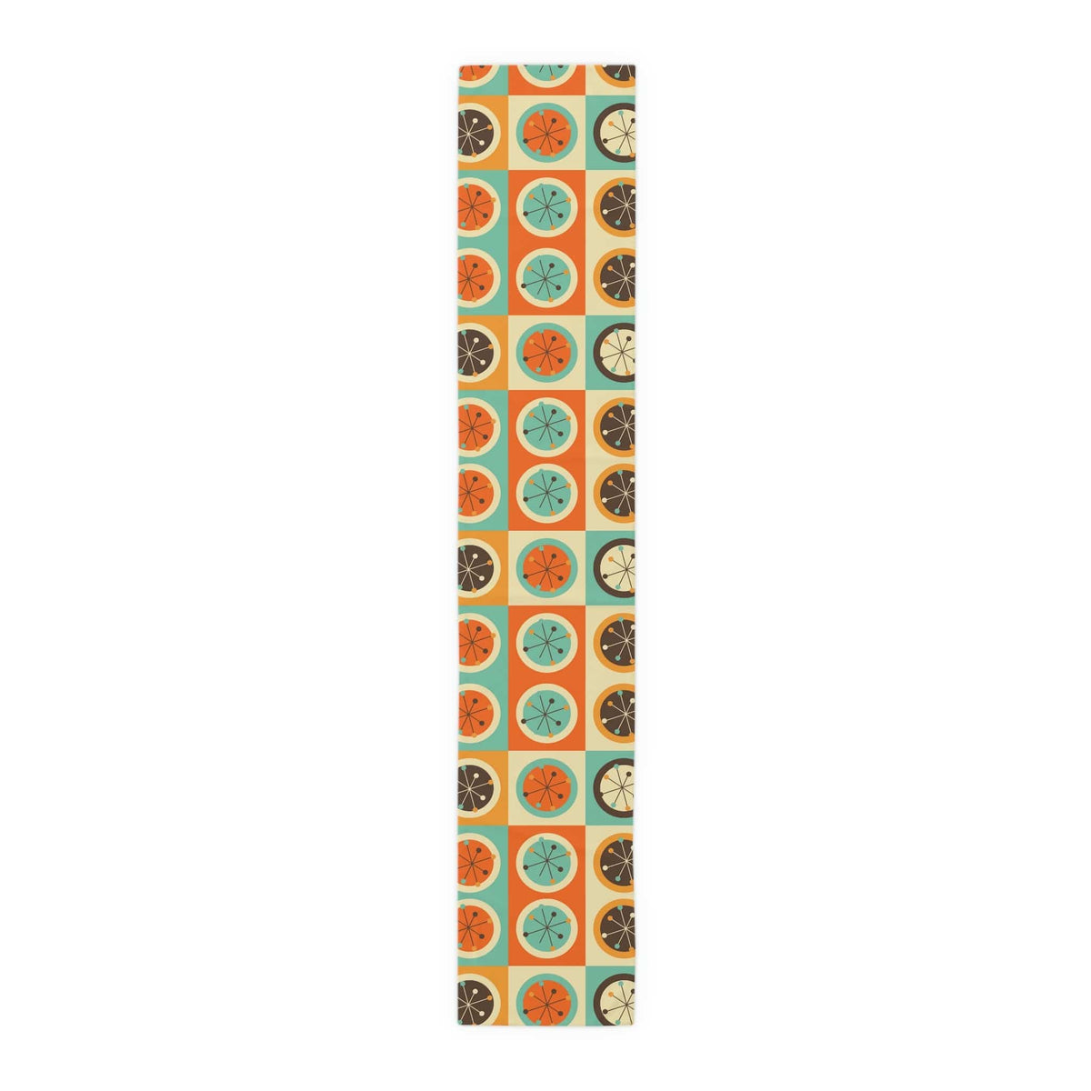 Mid Century Modern Geometric, Starburst, Orange, Brown, Aqua, Retro Table Runner Home Decor 16" × 90" / Polyester