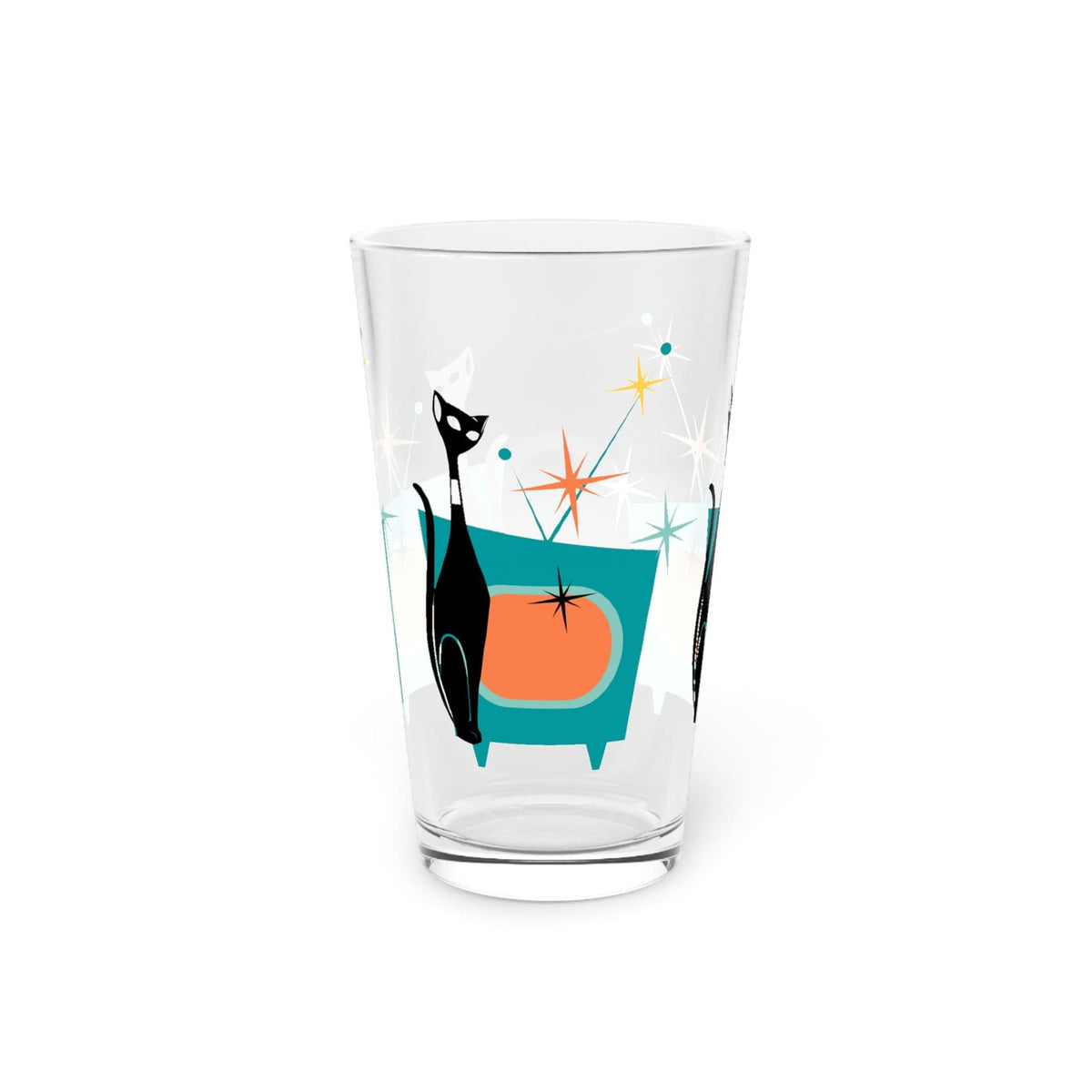 Atomic Cat, Kitschy Cat, Sputnik Starburst, Retro TV, Mid Century Modern, Cocktail, Mocktail, Beer, Water, Pint Glass Gift Mug 16oz