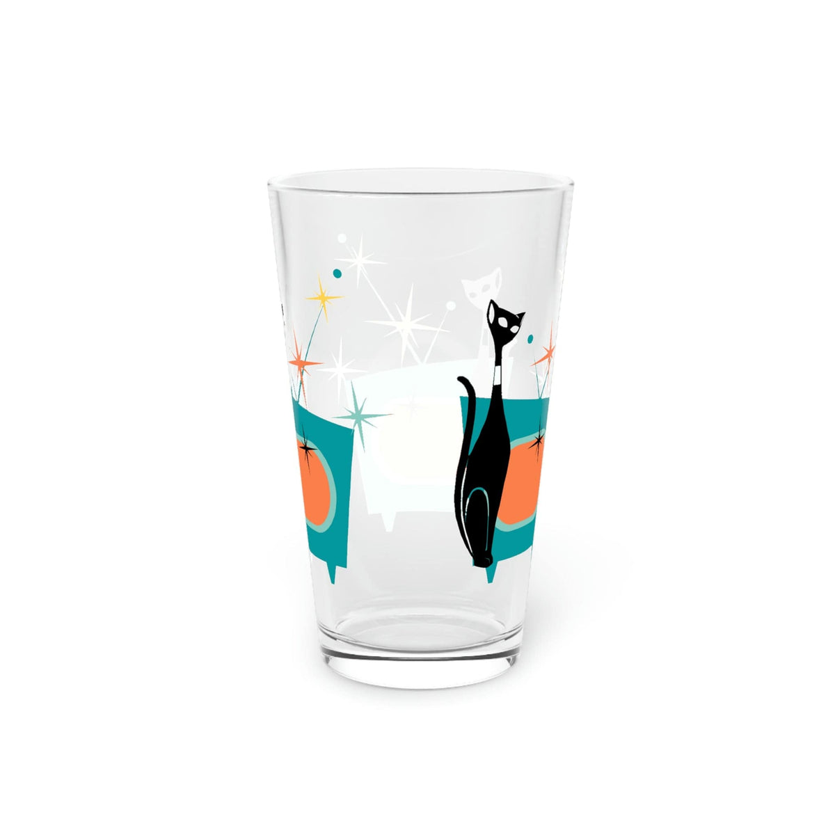 Atomic Cat, Kitschy Cat, Sputnik Starburst, Retro TV, Mid Century Modern, Cocktail, Mocktail, Beer, Water, Pint Glass Gift Mug 16oz