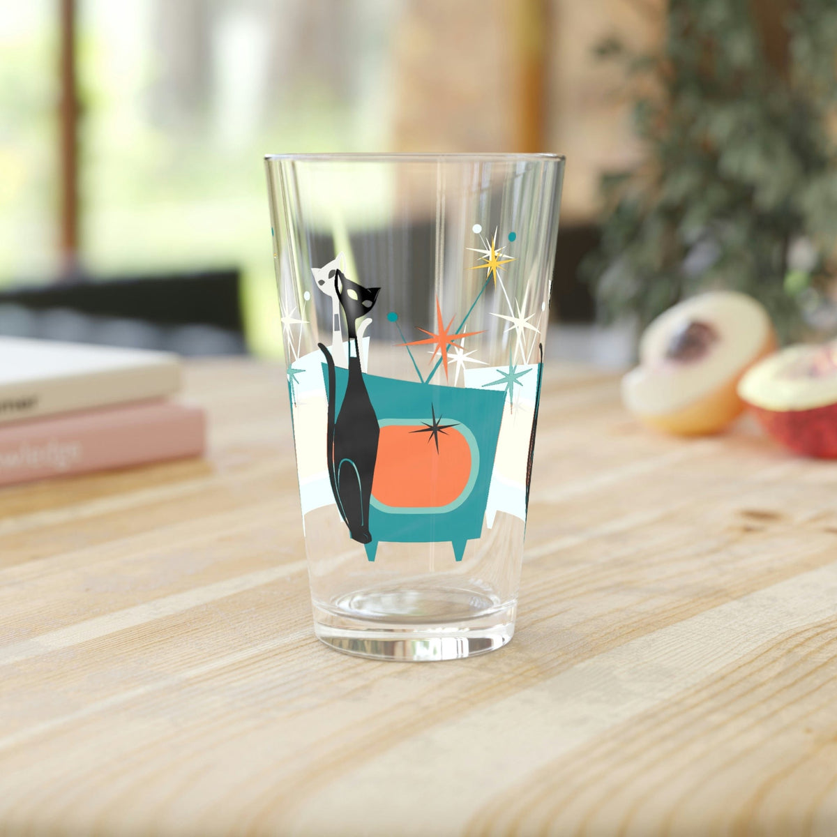 Atomic Cat, Kitschy Cat, Sputnik Starburst, Retro TV, Mid Century Modern, Cocktail, Mocktail, Beer, Water, Pint Glass Gift Mug 16oz