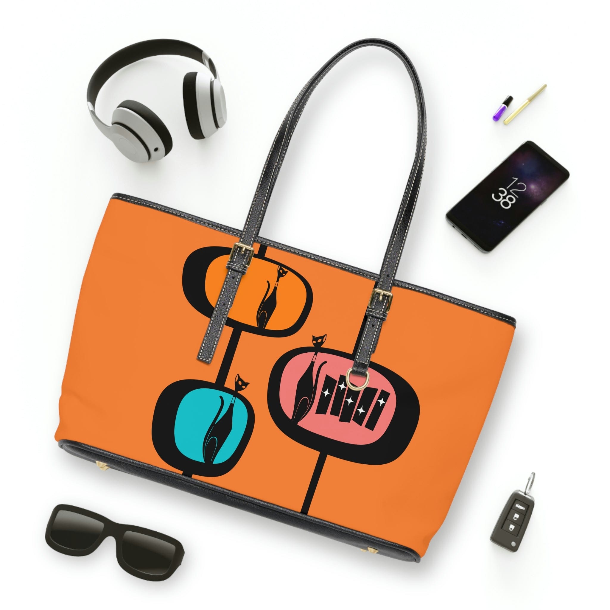 Atomic Cat, Retro Orange, Geometric, Mid Century Modern Style PU Leather Shoulder Bag Bags 17&quot; x 11&quot; / Black