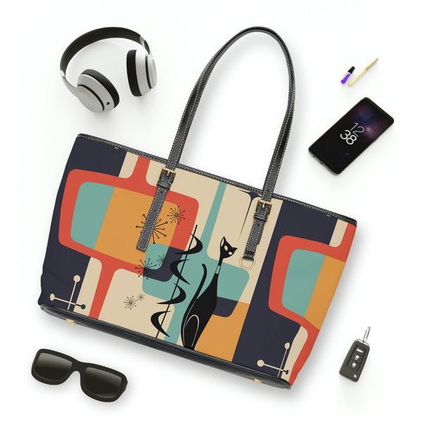 Mid Mod, Atomic Cat, Retro, Geometric Beige, Charcoal Gray, Yellow, Teal Blue, Shoulder Bag