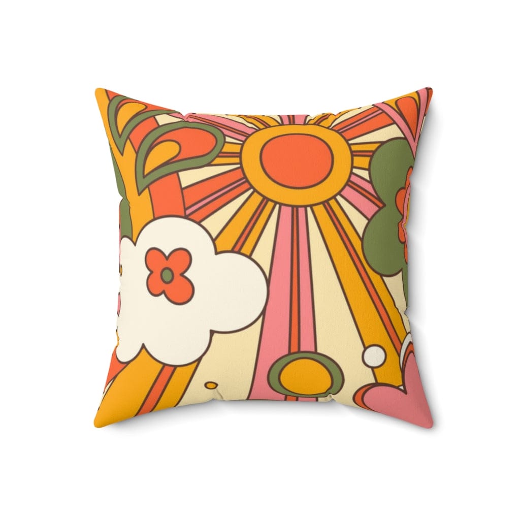 60's 70's Groovy Sun, Flower Power, Hippie, Groovy Vibes, Orange, Yellow, Green Spun Polyester Square Pillow Home Decor 18" × 18"