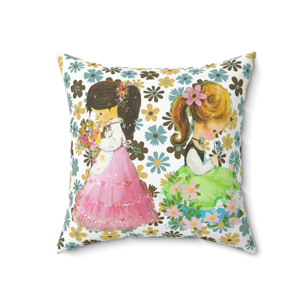 70's Flower Power, Sweet Flower Girls, Retro Mod Daisy Pillow Gift Home Decor 18" × 18"