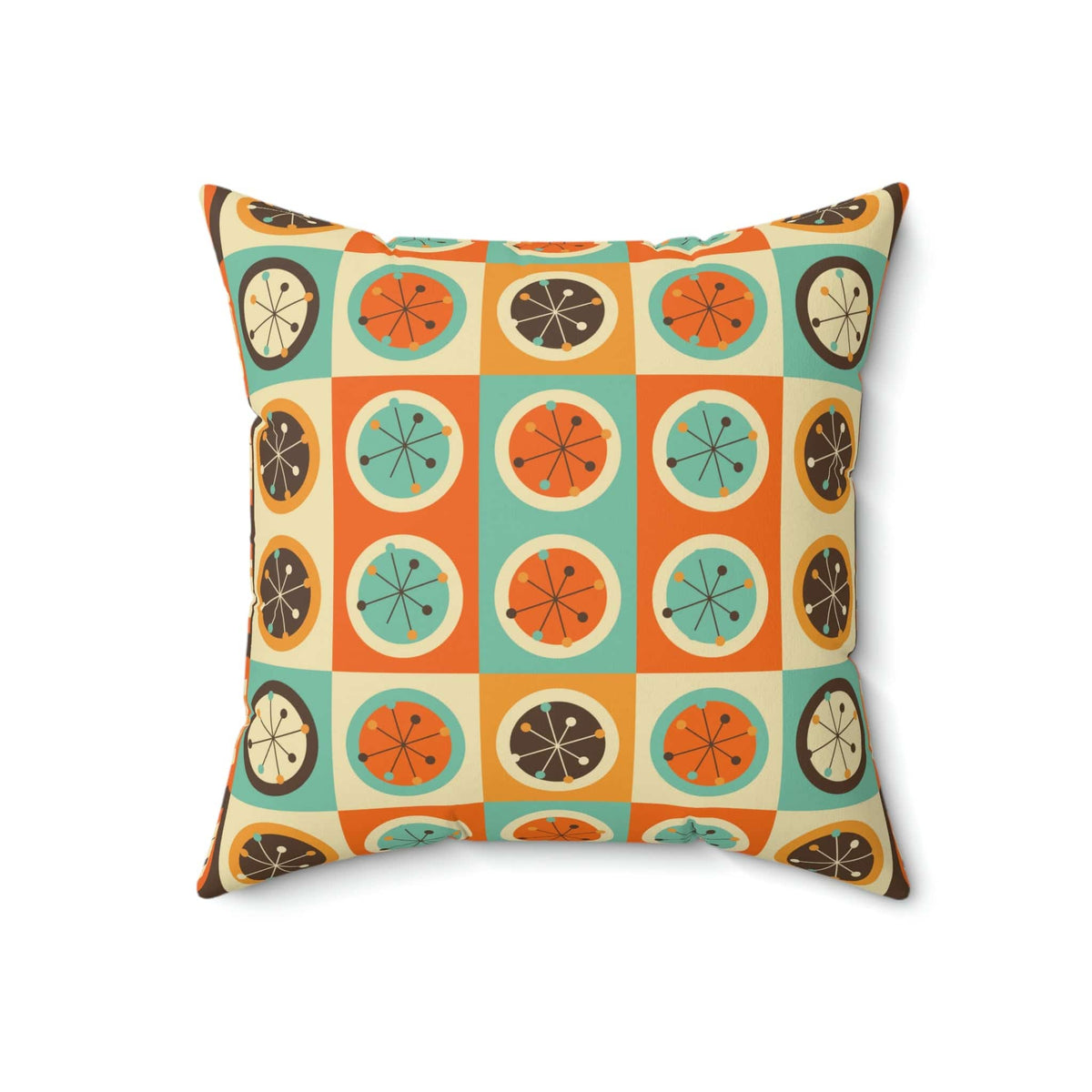 70's Retro Curtains, Bold Geometric Circles Atomic Starburst, Mid Century Modern, Aqua Blue, Burnt Orange, Mustard Yellow MCM Pillow Home Decor 18" × 18"