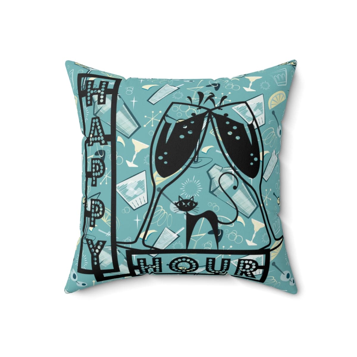 Atomic Cat, Mid Century Modern, Happy Hour, 50's Martini Cocktail, Retro Aqua Blue, Pillow And Insert Home Decor 18" × 18"