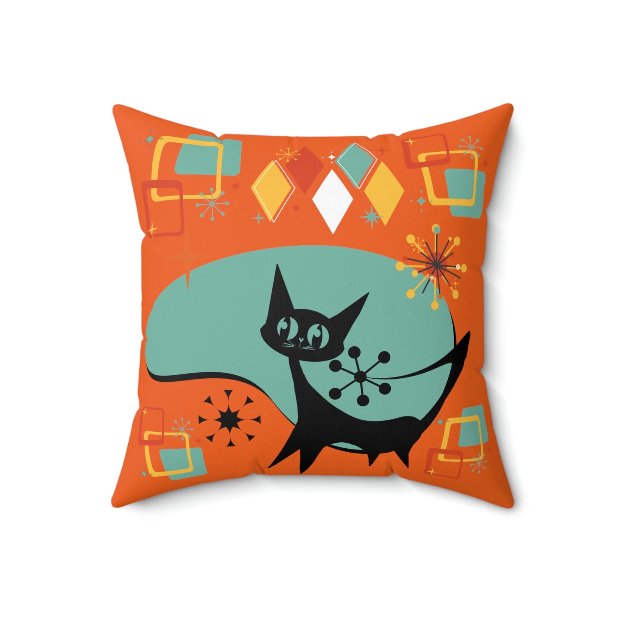 Atomic Cat, Mid Century Modern, Orange, Aqua Atomic Boomerang, Starburst, Retro Pillow Cover Home Decor 18&quot; × 18&quot;
