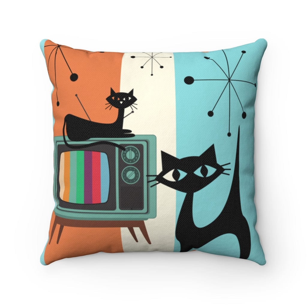 Atomic Cat Retro Colored TV, Starburst, Mid Century Modern, Aqua, Orange, Cream Groovy Square Pillow Spun Polyester Square Pillow AND Insert Home Decor 18&quot; × 18&quot;