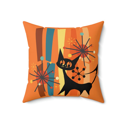 Atomic Cat, Retro Orange, Geometric, Starburst, MCM Black Cat Lover Gift Pillow Cover Home Decor 18&quot; × 18&quot;