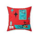 Atomic Cat, Sputnik Red, Aqua Blue, Mid Century Modern Pillow And Insert Home Decor 18" × 18"