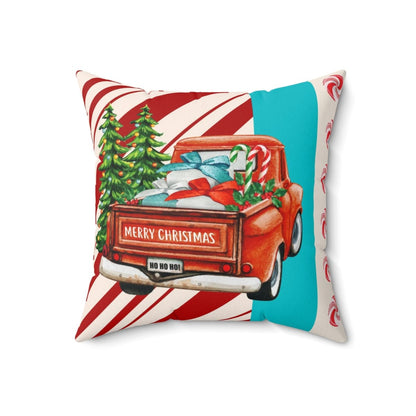 Mid Century Christmas, Old Timey Red Pick Up Truck, Merry Christmas, Candy Cane Stripe, Aqua Blue, Retro Holiday Gift Pillow And Insert Home Decor 18&quot; × 18&quot;
