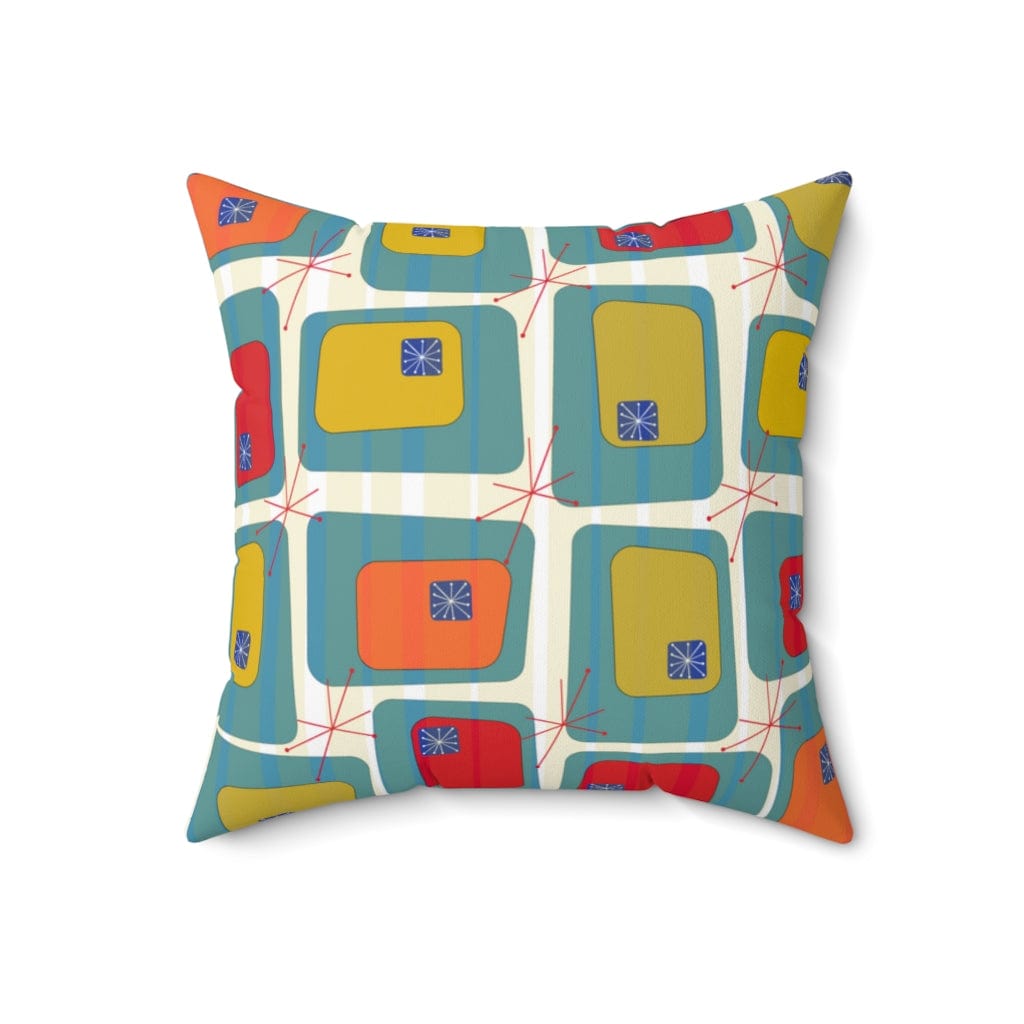 Mid Century Modern, Color Block, Tropical Hotel Vibes, Retro, Blue, Green, Orange, Mustard Yellow, Atomic 50's Pillow And Insert Home Decor 18" × 18"