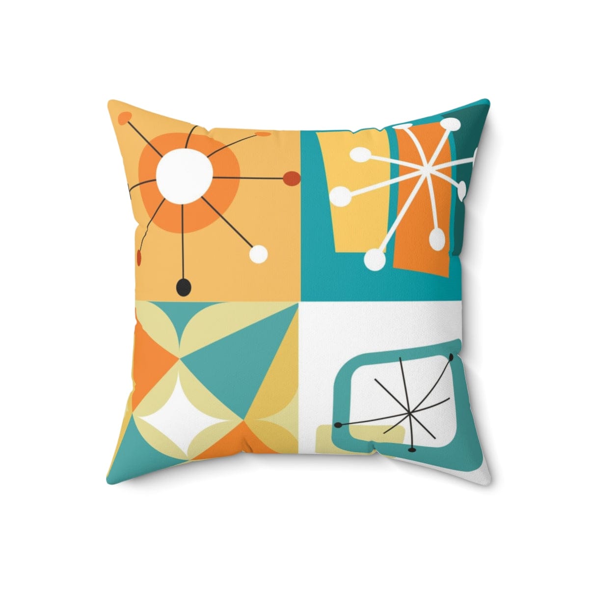 Mid Century Modern Throw Pillow, Geometric, Abstract, Teal Blue, Orange, White, Yellow, Starburst Atomic Retro Pillow And Insert Home Decor 18" × 18"