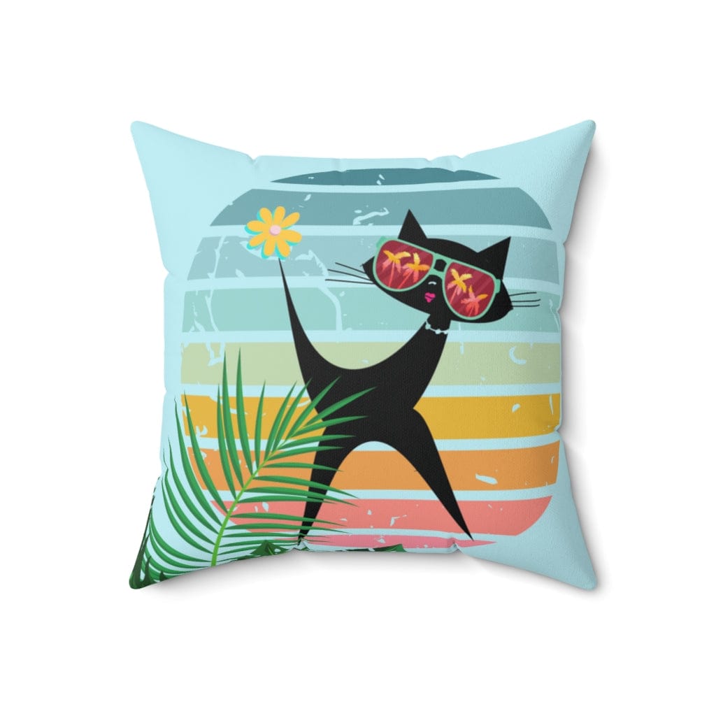 Mod Cat, Palm Spring, Cali, Florida, Tropical, Retro Groovy, Aqua, Pink, Mid Mod Pillow Cushion And Insert Home Decor 18&quot; × 18&quot;