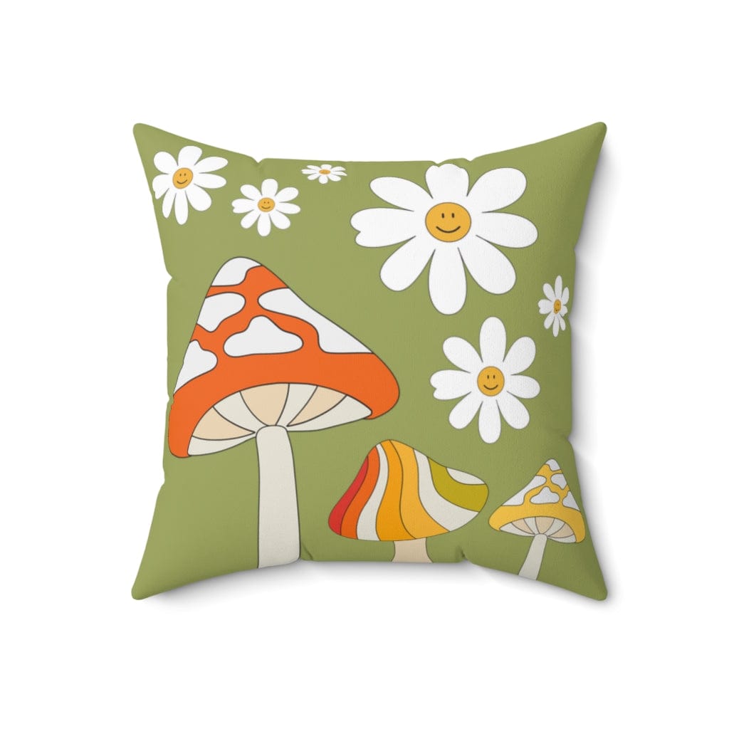 Mushroom Fairy Core, Mod Daisy, Retro Green, White, Orange, Groovy 70's Mid Mod Flower Power, Spun Polyester Square Pillow Home Decor 18" × 18"