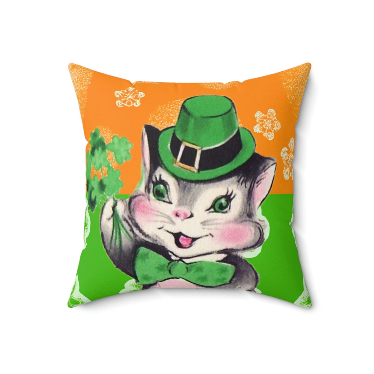 Saint Patrick's Day Pillow, Vintage Card, Cute, Kitschy Shenanigans Black And White Cat, With Leprechaun Hat, Pillow Cover Home Decor 18" × 18"