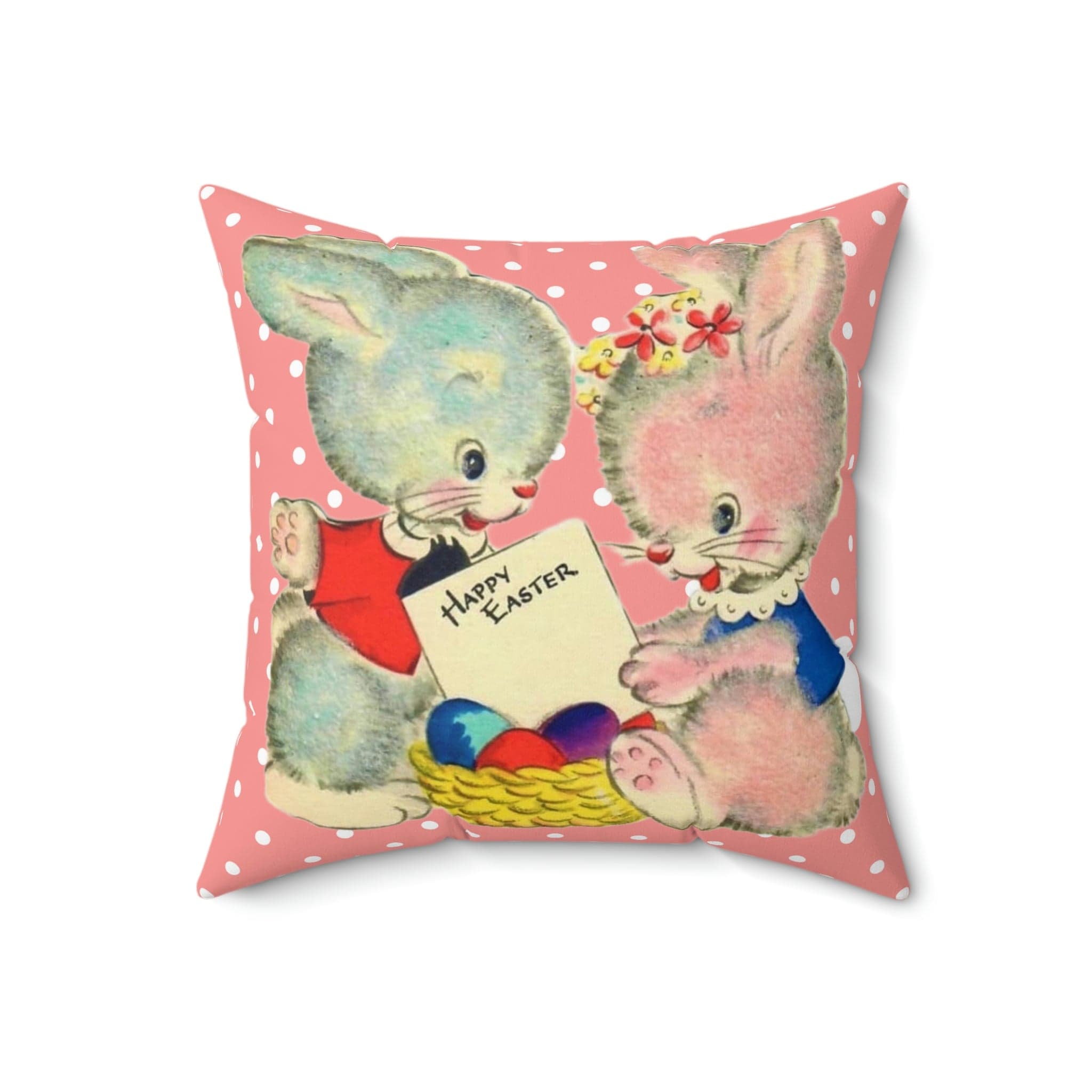 Vintage Easter Card Anthropomorphic Bunny Girl, Bunny Boy, Love, Happy Easter Retro Polka Dot Pink Easter Pillow And Insert Home Decor 18&quot; × 18&quot;